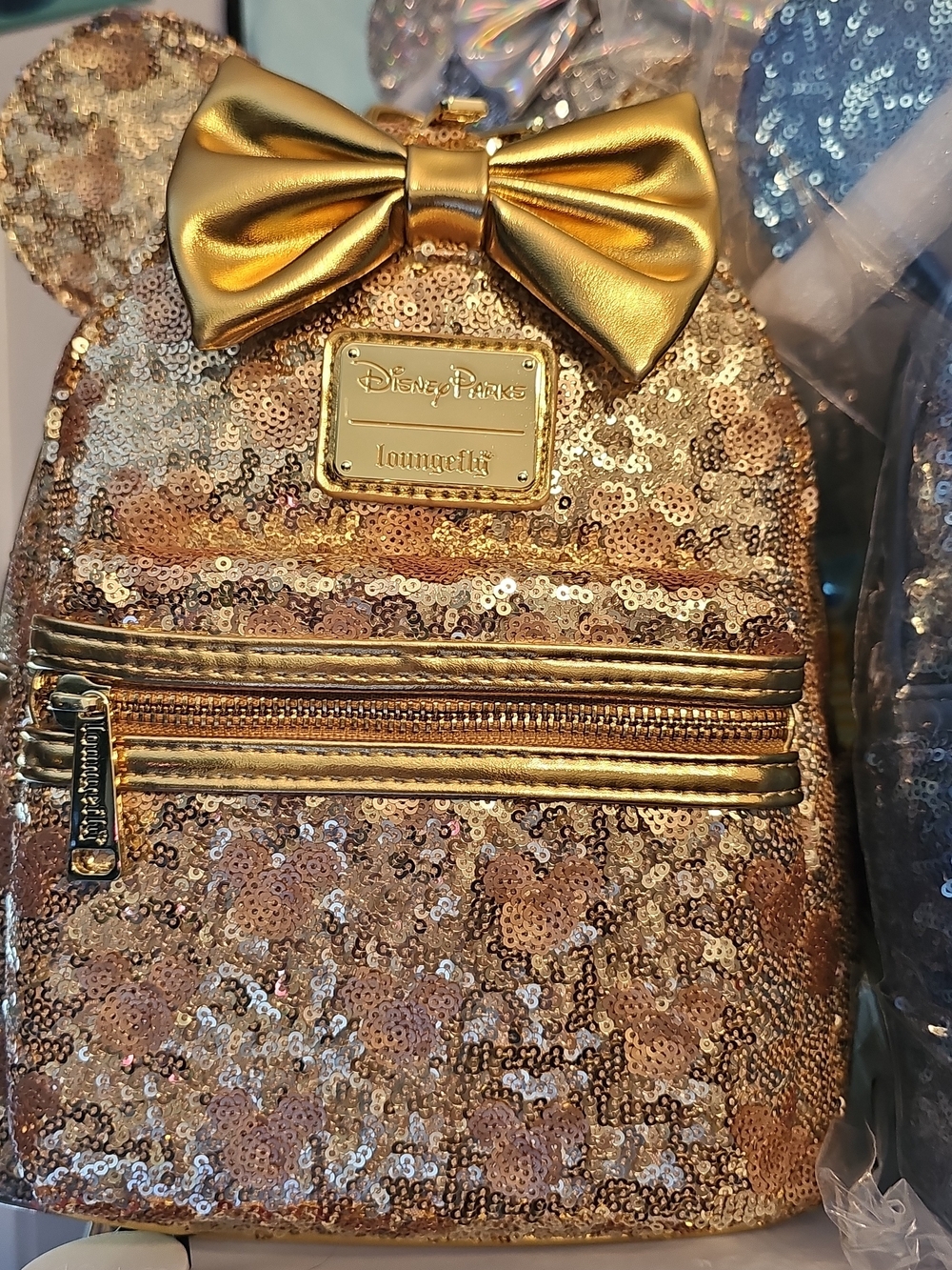 Loungefly Gold Sequin Minnie Ear Mini Backpack with Metallic Bow